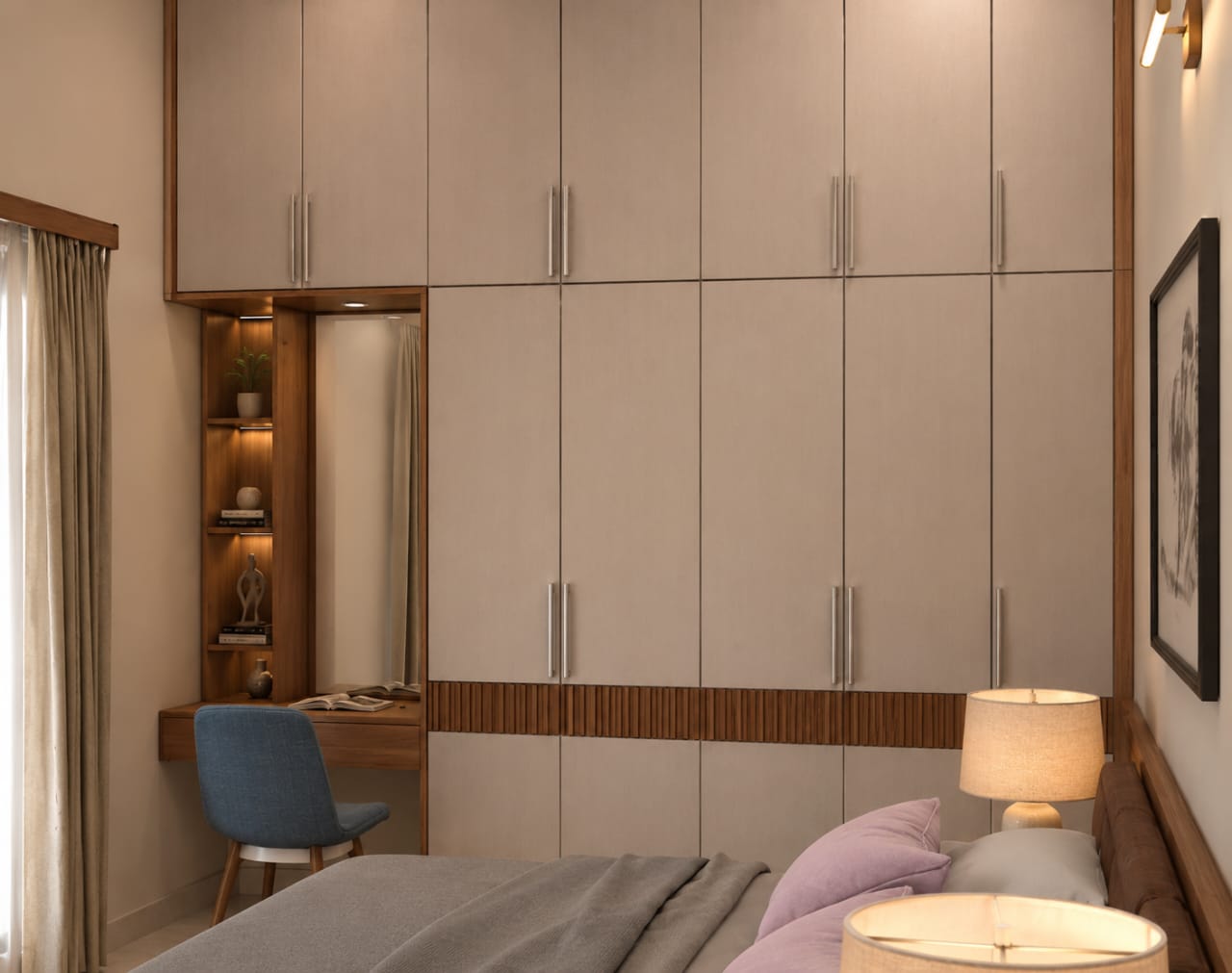 Luxury Master Bedroom Wardrobe and Study Nook by Nuvra Interiors